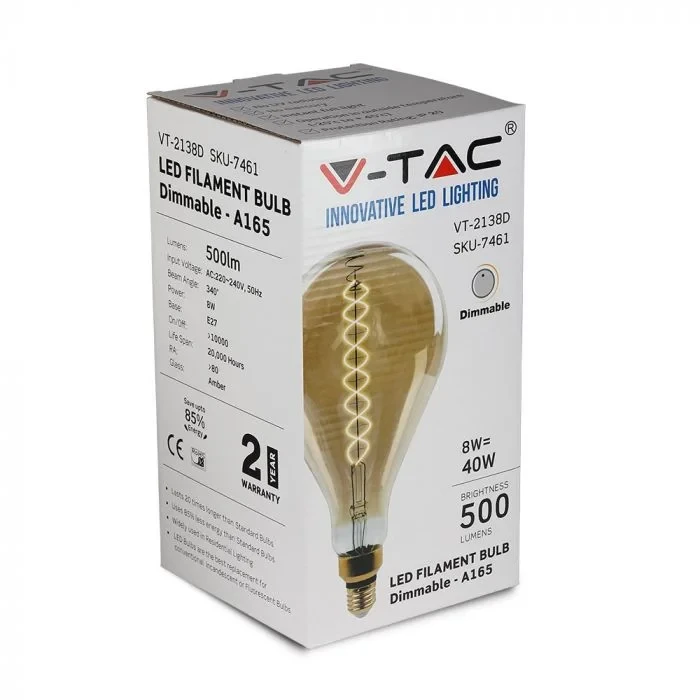 LED Filament Lamp A165, 8W, 2000K Warm Amber, E27, Dimbaar, 500 lumen
