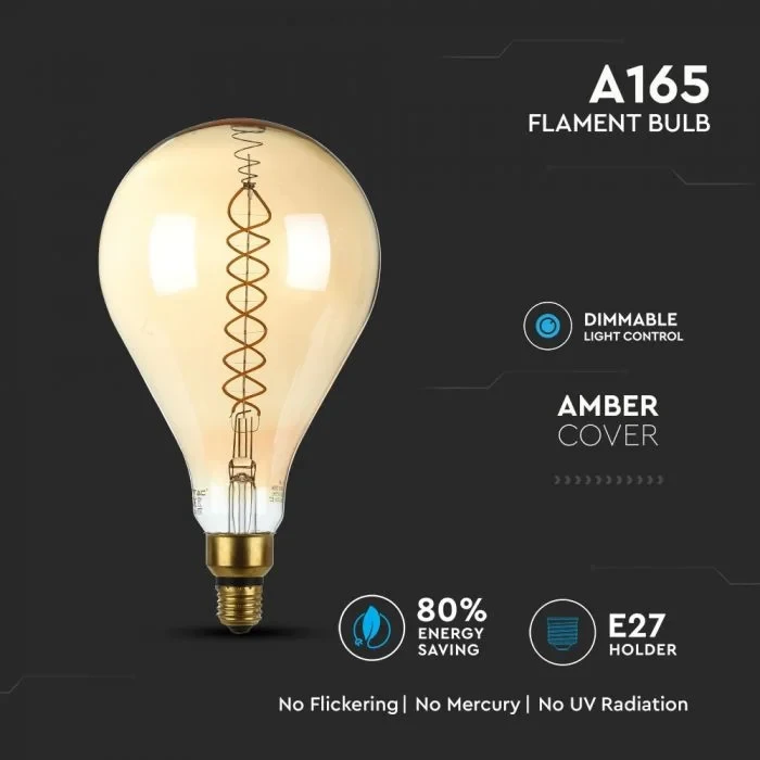 LED Filament Lamp A165, 8W, 2000K Warm Amber, E27, Dimbaar, 500 lumen