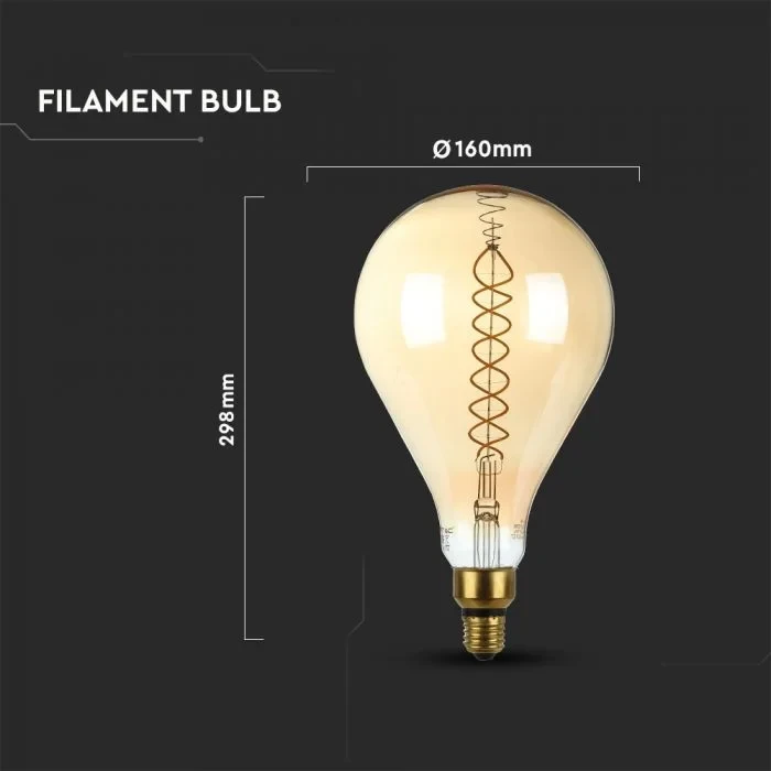 LED Filament Lamp A165, 8W, 2000K Warm Amber, E27, Dimbaar, 500 lumen
