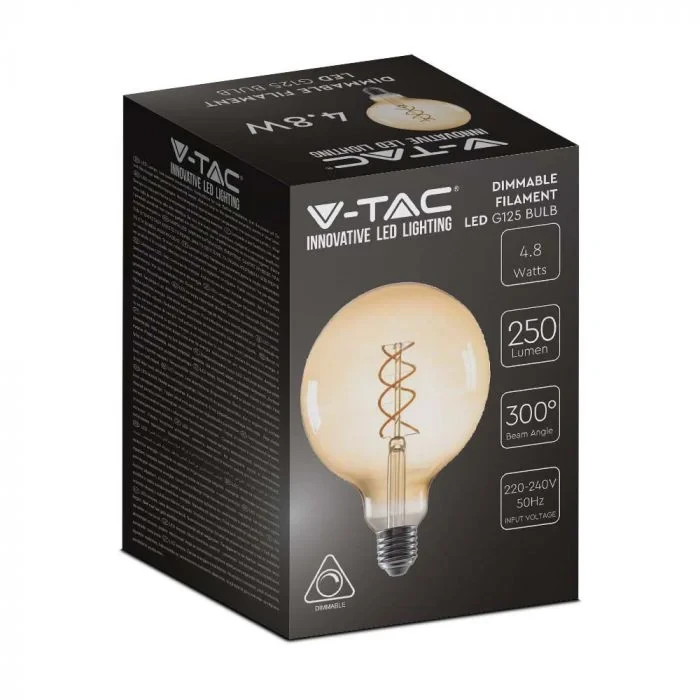 LED Filament Lamp G125, 5W, 1800K Amberglas, E27, 250 lumen