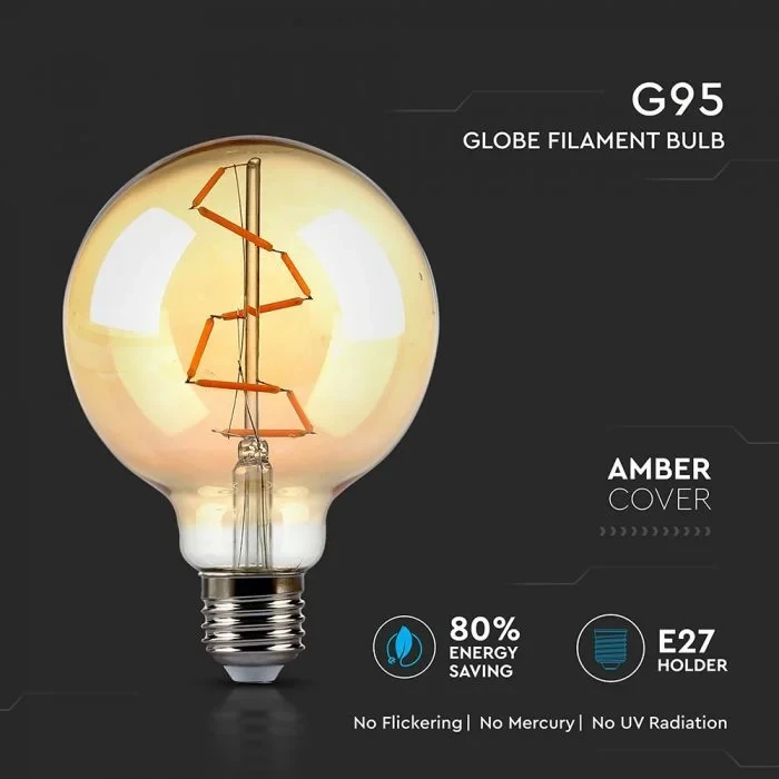 LED Filament Lamp G95, 6W, 2200K Warm Amber, E27, Dimbaar, 500 lumen