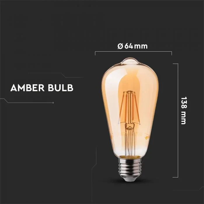 LED Filament Lamp ST64, 6W, 2200K Warm Amber, E27, 500 lumen