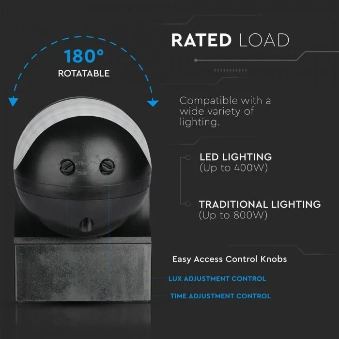 PIR Bewegingssensor voor Wand, IP44, Zwart, Max. 400W LED