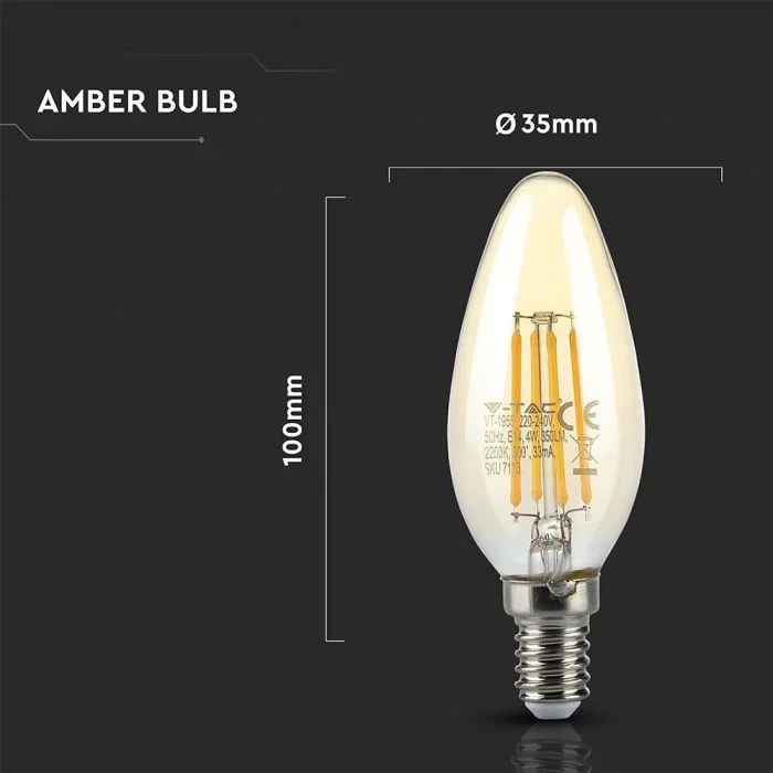 LED Kaars Filament Lamp Amberglas, 4W, 2200K Extra Warm Wit, E14, 350 lumen