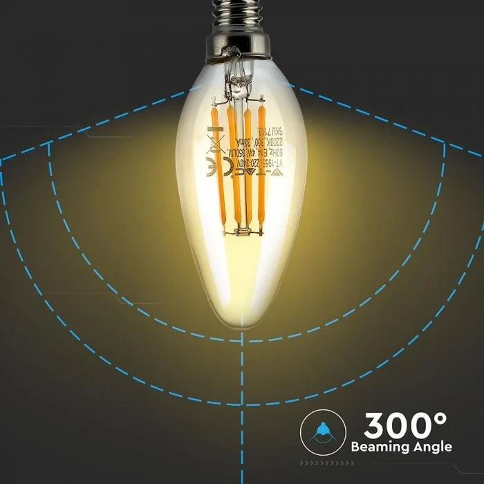 LED Kaars Filament Lamp Amberglas, 4W, 2200K Extra Warm Wit, E14, 350 lumen