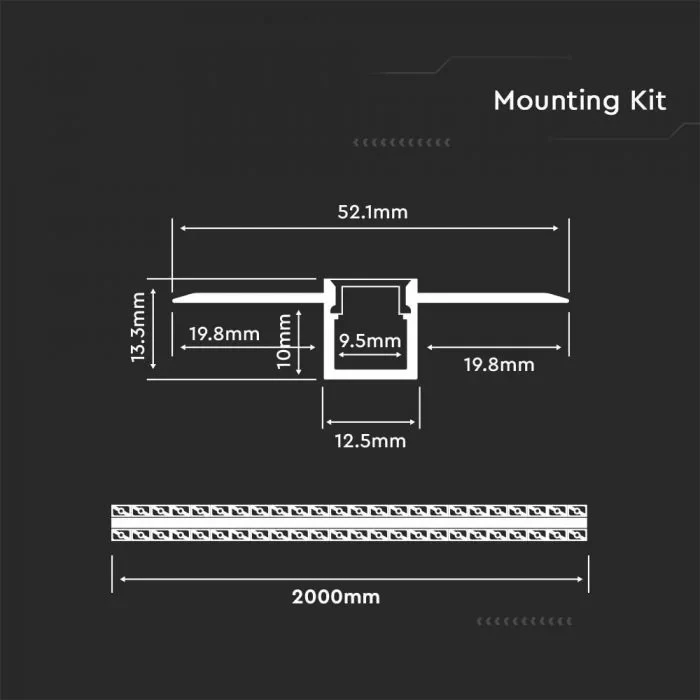 U Profiel Montagekit voor LED Strip, 2000x52.1x13.3 mm, Zilver