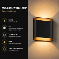 Moderne wandlamp zwart, 2x5W, CCT, Aluminium, IP65, Zwart-goud binnen