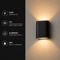 Moderne wandlamp zwart, 2x5W, CCT, Aluminium, IP65