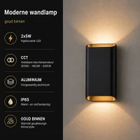 Moderne wandlamp zwart, 2x5W, CCT, Aluminium, IP65, goud binnen