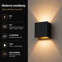 Moderne wandlamp zwart, LED, 7W, CCT, Aluminium, IP65, goud binnen