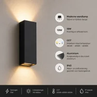 Moderne wandlamp zwart, 10W, CCT, Aluminium, IP65
