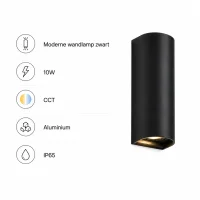Moderne wandlamp zwart, 10W, CCT, Aluminium, IP65