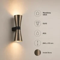 Wandlamp VACE, GU10, IP20, Ø90 x 270 mm, Antiek Brons