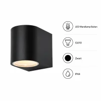 LED Wandlamp Buiten, GU10, Zwart, IP44