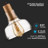 Hanglamp, Glas en Hout, E27, Transparant