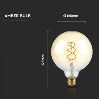 LED Filament Lamp G125, 5W, 1800K Amberglas, E27, 250 lumen