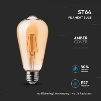LED Filament Lamp ST64, 6W, 2200K Warm Amber, E27, 500 lumen