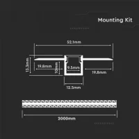 U Profiel Montagekit voor LED Strip, 2000x52.1x13.3 mm, Zilver