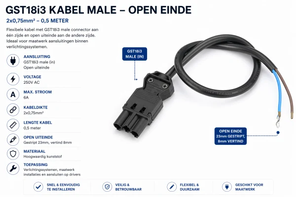 GST18i3 kabel, 2x0,75mm², 0,5 Meter, Male naar Open Einde
