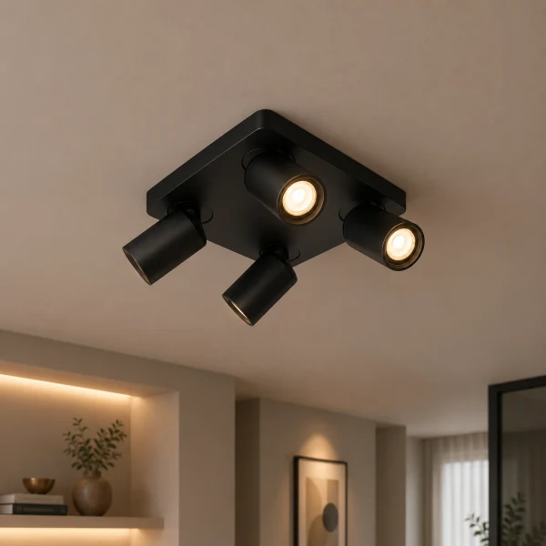 LED Plafondspot vierkant, Opbouw, 4-Lichts, Kantelbaar, Dimbaar, GU10, Zwart