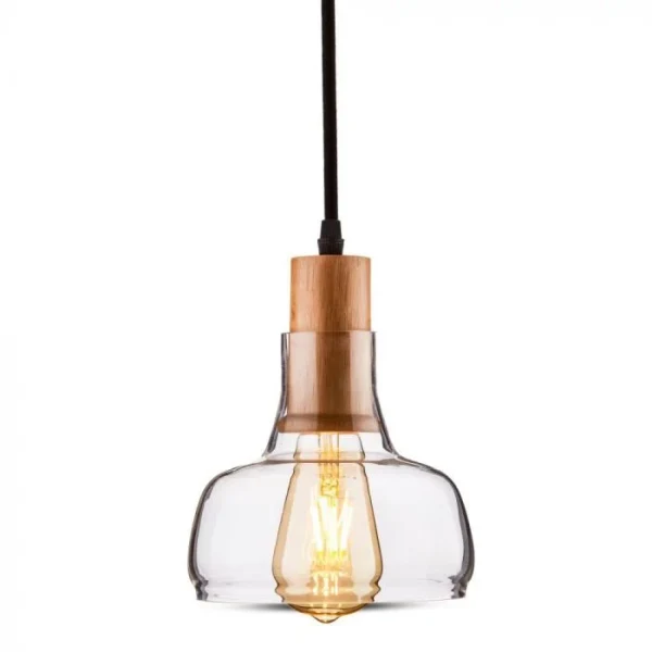 Hanglamp, Glas en Hout, E27, Transparant